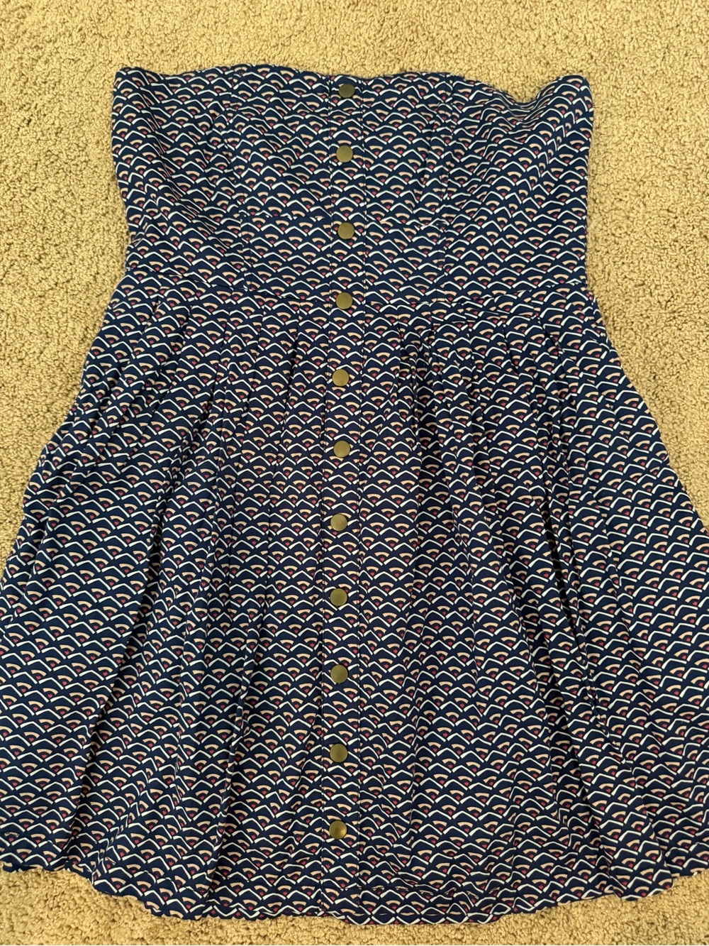 Tulle Strapless Navy Blue Patterned Button-Front Dress